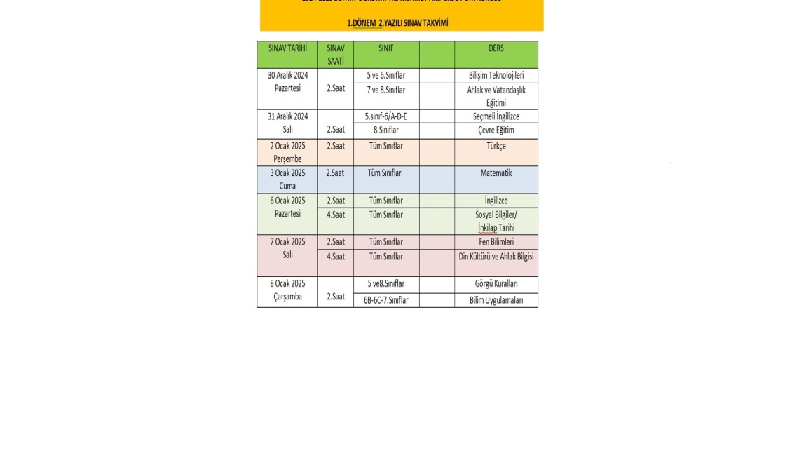 2024-2025 EĞİTİM-ÖĞRETİM YILI 1.DÖNEM 2.YAZILI SINAV TAKVİMİ